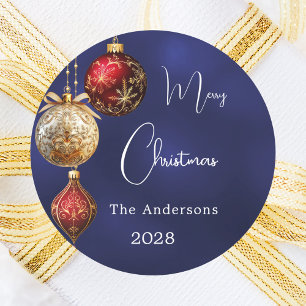 Adesivo Redondo Enfeites de Natal dourados e vermelhos azuis