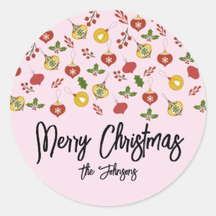 Adesivo Redondo Enfeites de Natal Folhagens Festivas Rosa