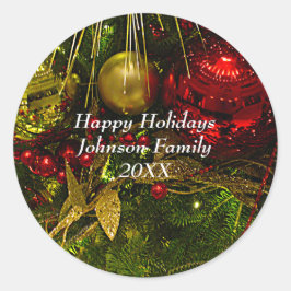 Adesivo Redondo Enfeites de natal vermelhos e Dourados Vinheta de