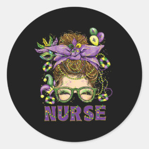 Adesivo Redondo Enfermeira do Mardi Gras Messy Bun Mask Miçangas E