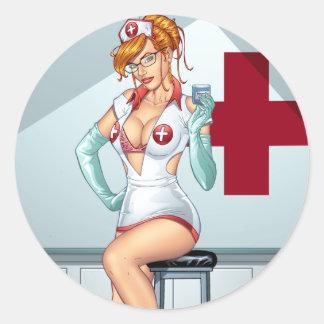 Adesivo Redondo Enfermeira Pin-up Art Red Head Art de Al Rio