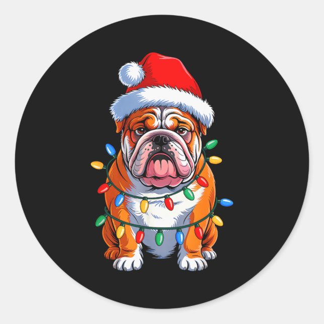 Adesivo Redondo English Bulldog Dog Christmas Lights Santa Hat Xma (Frente)