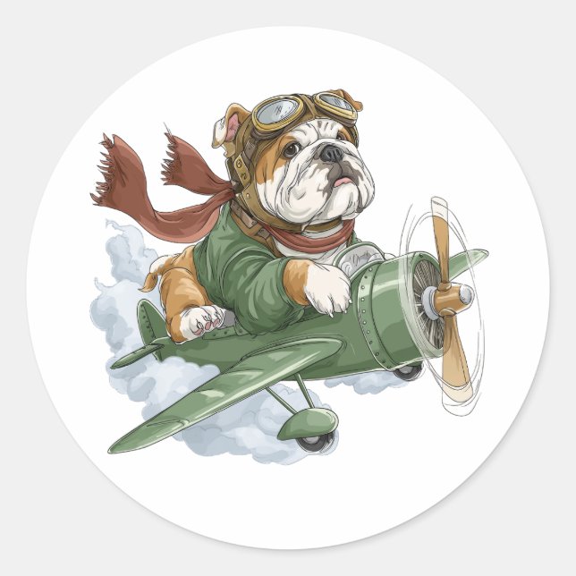 Adesivo Redondo English Bulldog Pilot Airplane (Frente)