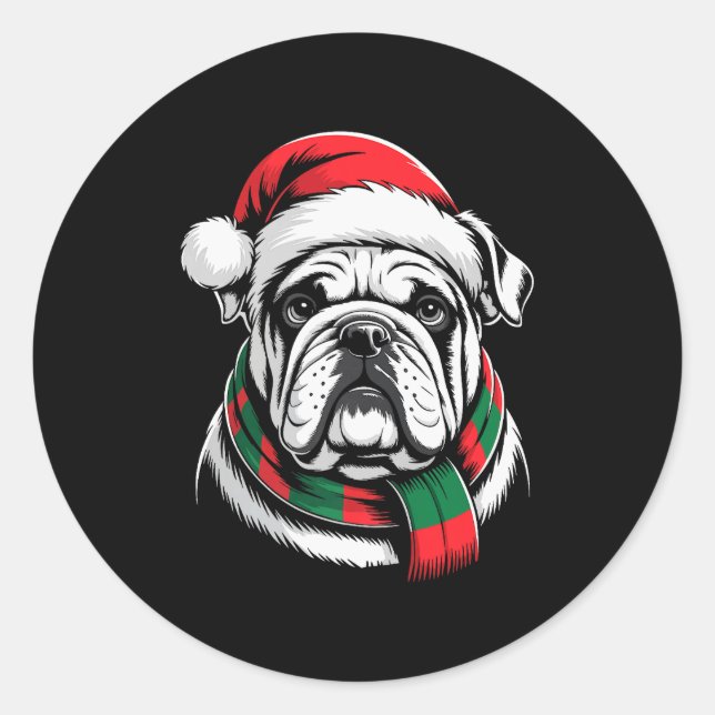 Adesivo Redondo English Bulldog Xmas Santa Hat F Christmas Costume (Frente)
