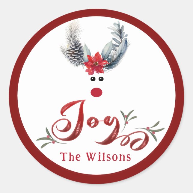 Adesivo Redondo Engraçada poinsettia rendeer joy Holiday (Frente)
