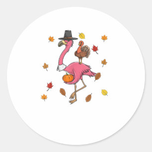 Adesivo Redondo Engraçado Ação De Graças Pilgrim Flamingo Com A Tu