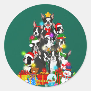 Adesivo Redondo Engraçado Boston Terrier Christmas Tree Lights Pup