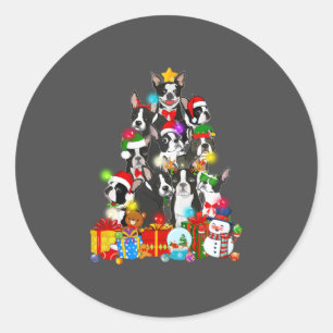 Adesivo Redondo Engraçado Boston Terrier Christmas Tree Lights Pup