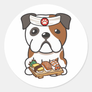 Adesivo Redondo Engraçado Buldogue Inglês é um chef de sushi