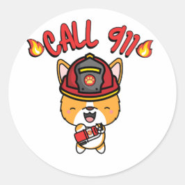 Adesivo Redondo Engraçado Cachorro Corgi é bombeiro