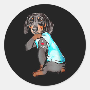 Adesivo Redondo Engraçado Cachorro Dachshund Tatuagem Eu Amo Mamãe