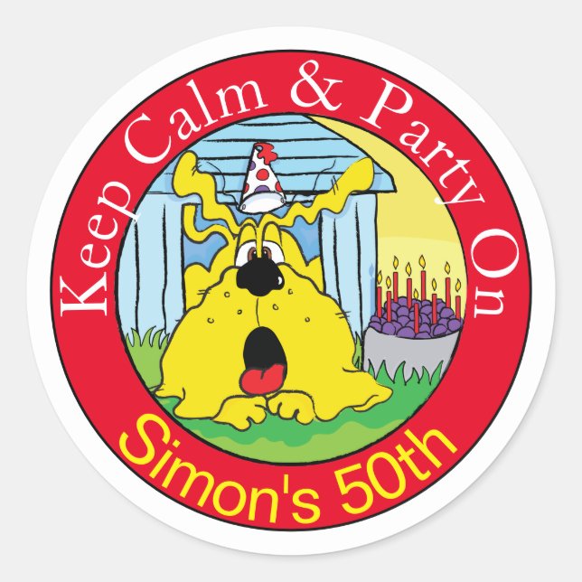 Adesivo Redondo Engraçado Cachorro HUH! festa de aniversário! (Frente)