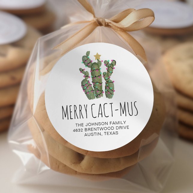 Adesivo Redondo Engraçado Cactus Natal Endereço de Devolução (Criador carregado)