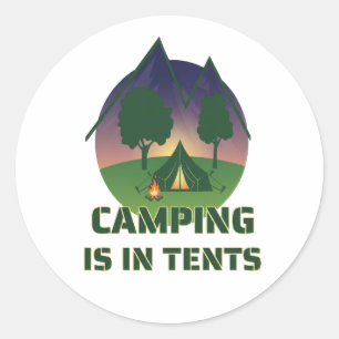 Adesivo Redondo Engraçado "Camping In Tents", Arranjo De Aventura 