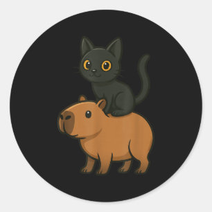 Adesivo Redondo Engraçado Capybara Black Cat Amante de os animais