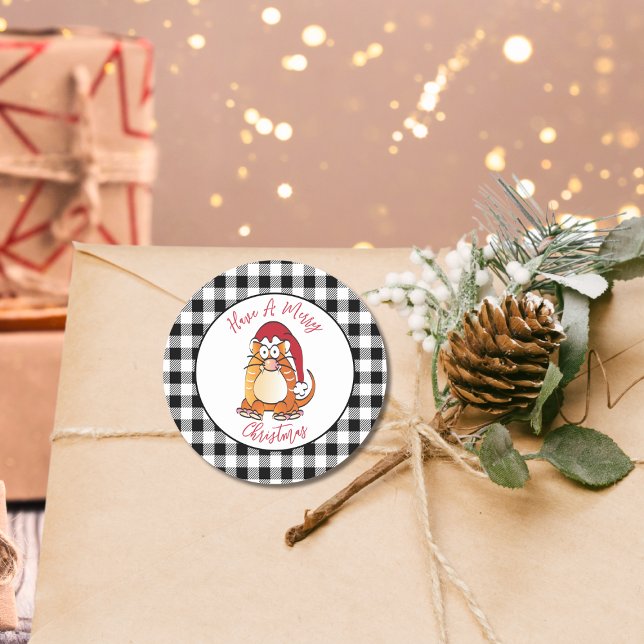 Adesivo Redondo Engraçado Cartoon de Natal Cat Santa Hat Feriado (Criador carregado)