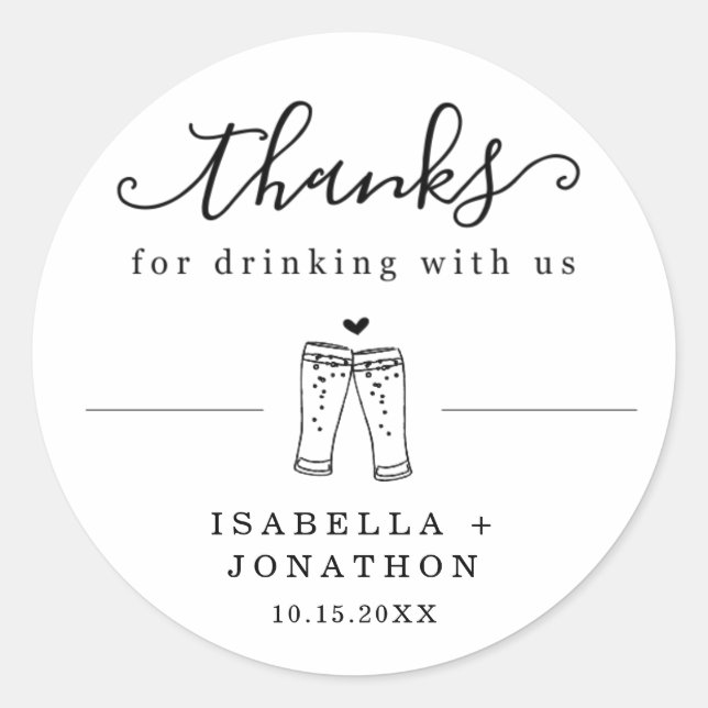 Adesivo Redondo Engraçado Casamento de Cerveja Obrigado / Obrigado (Frente)