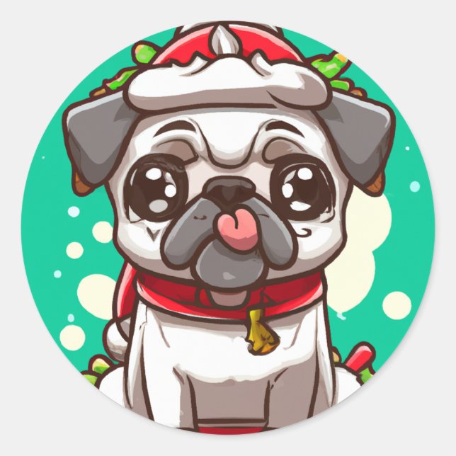 Adesivo Redondo Engraçado Chibi Kawaii Cachorro Pug Vinheta de Nat (Frente)