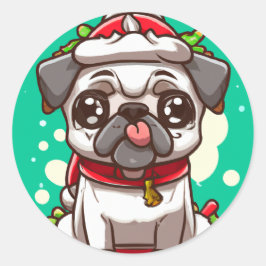 Adesivo Redondo Engraçado Chibi Kawaii Cachorro Pug Vinheta de Nat