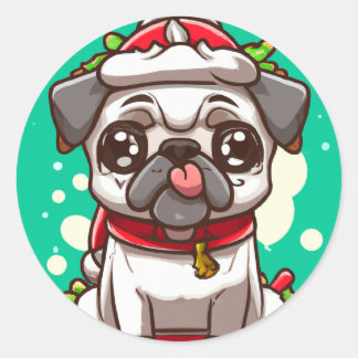 Adesivo Redondo Engraçado Chibi Kawaii Cachorro Pug Vinheta de Nat