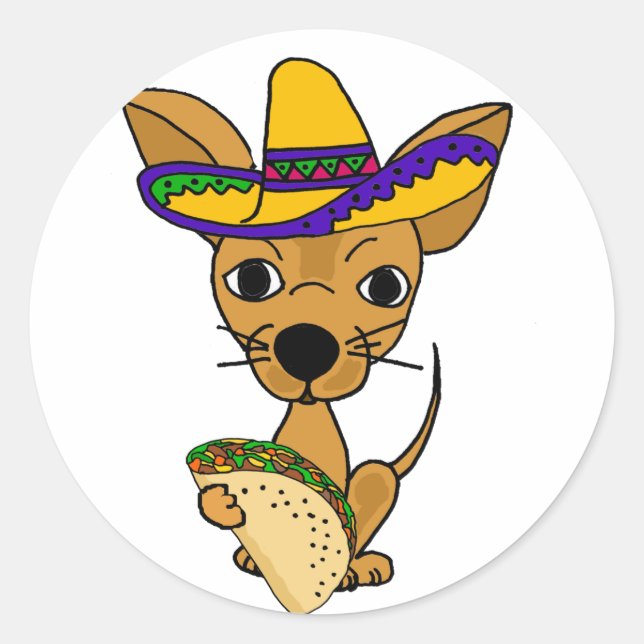 Adesivo Redondo Engraçado Chihuahua comendo Taco Cartoon (Frente)