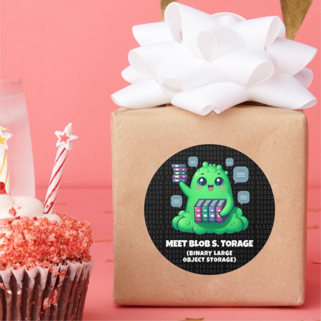 Adesivo Redondo Engraçado Conheça Blob S. Torage Fundo Binário (Festa)