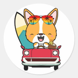 Adesivo Redondo Engraçado Corgi Dog está dirigindo para a praia