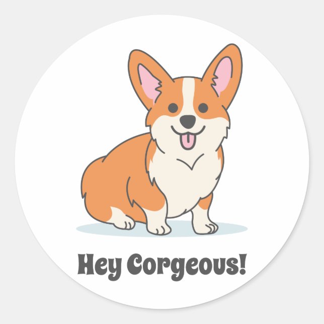 Adesivo Redondo Engraçado Corgi Puppy - Ei Corgey (Frente)