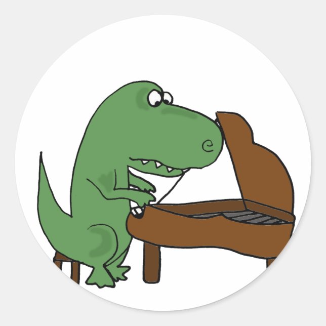 Adesivo Redondo Engraçado Dinossauro T-Rex Tocando Piano (Frente)