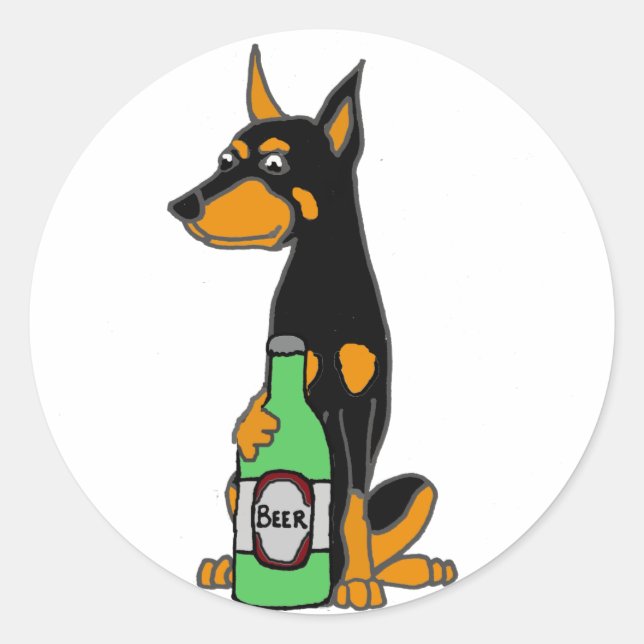 Adesivo Redondo Engraçado Doberman Pinscher Bebendo Cerveja (Frente)