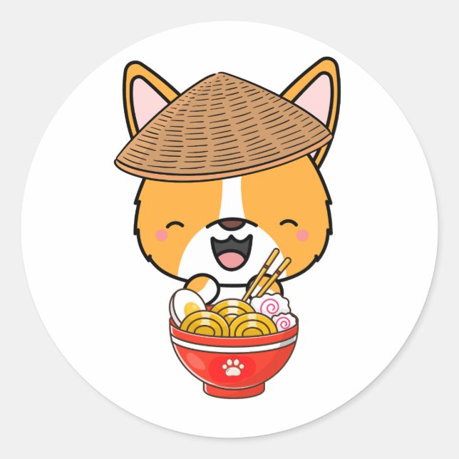 Adesivo Redondo Engraçado, está comendo macarrão. (Frente)
