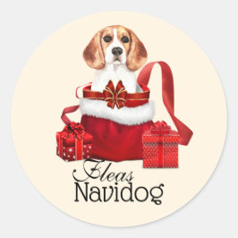 Adesivo Redondo Engraçado fantoche de Natal, cão-beagá voa navidog
