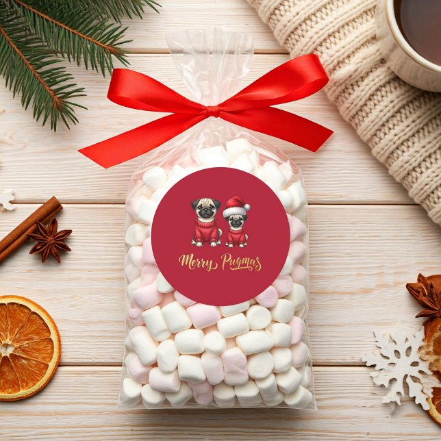 Adesivo Redondo Engraçado Feliz de Natal Pugmas (Cute Funny Christmas Holiday Merry Pugmas Packaging Idea  Sticker)