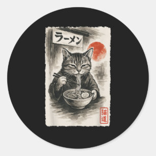 Adesivo Redondo Engraçado Gato Comendo Ramen Noodles Sumi-e Japonê
