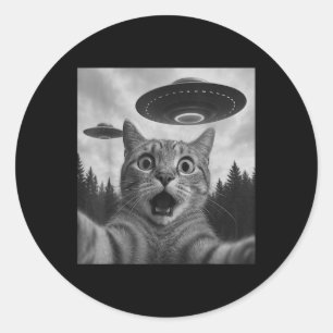 Adesivo Redondo Engraçado Gato Selfie Com Ufos