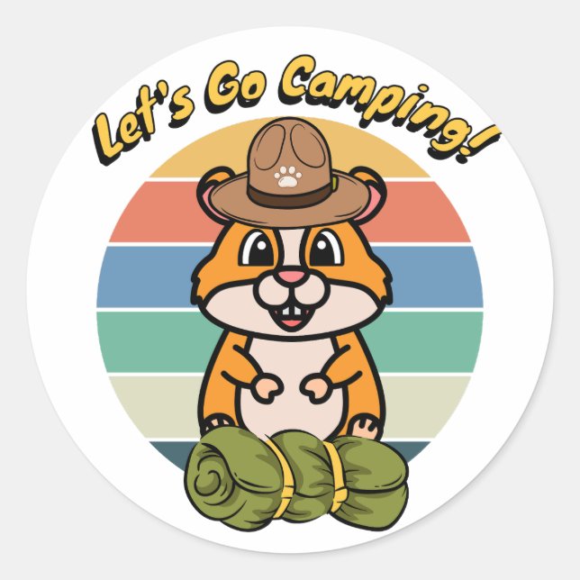 Adesivo Redondo Engraçado Hamster quer ir acampar (Frente)