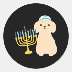 Adesivo Redondo Engraçado Hanukkah Chanukah Poodle Dog Menorah