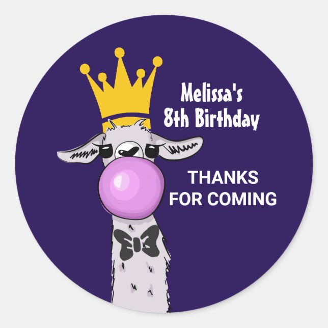 Adesivo Redondo Engraçado Ilustração do Llama soprando uma bolha r (Frente)