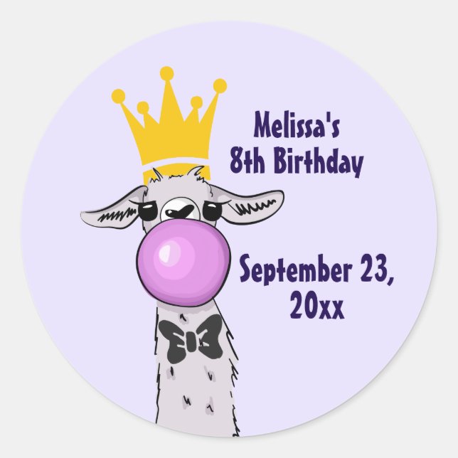 Adesivo Redondo Engraçado Ilustração do Llama soprando uma bolha r (Frente)