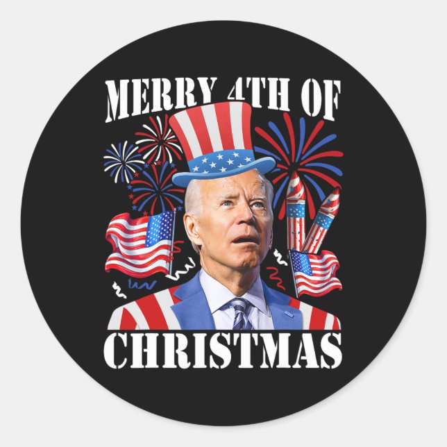 Adesivo Redondo Engraçado Joe Biden Feliz 4 De Natal 4 De Julho (Frente)