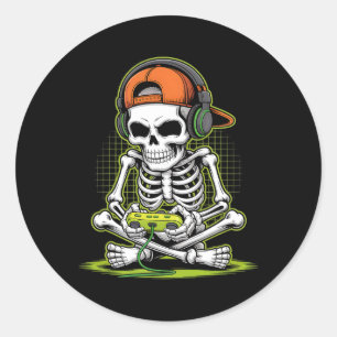 Adesivo Redondo Engraçado Jogos Esqueleto Halloween Skeleton Gamer