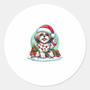 Adesivo Redondo Engraçado Mão de Paz Shih Tzu Luzes de Natal Mulhe