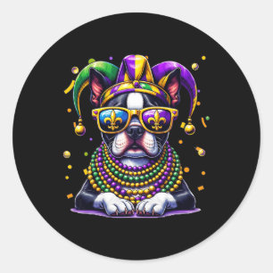 Adesivo Redondo Engraçado Mardi Gras Bead Boston Terrier Dog Festi