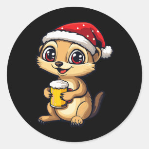 Adesivo Redondo Engraçado Meerkat De Natal Com Bicho De Cerveja