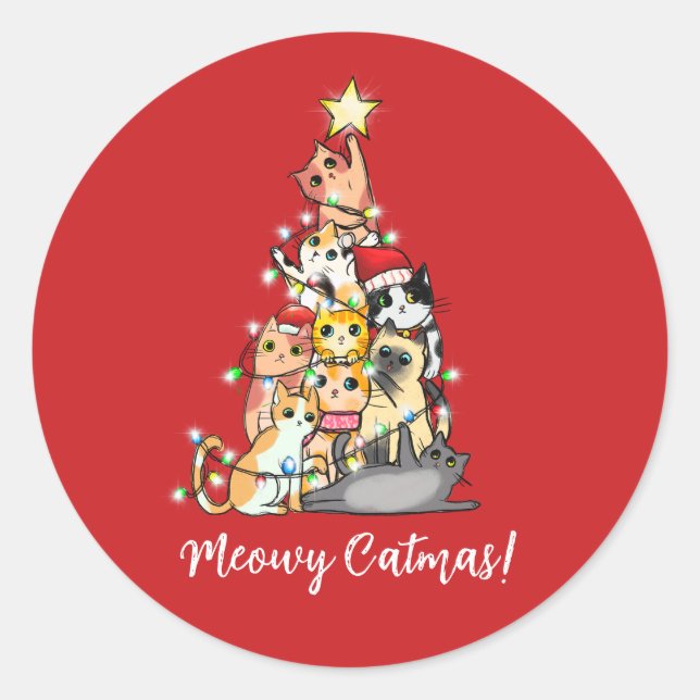 Adesivo Redondo Engraçado Meowy Catmas Catmas Árvore de Natal (Frente)