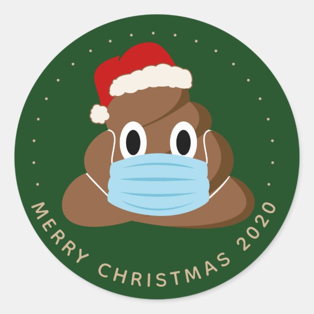 Adesivo Redondo Engraçado Natal 2020Poop Emoji Veste uma máscara (Frente)