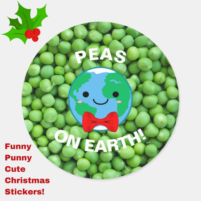 Adesivo Redondo Engraçado Natal "Ervilhas na Terra" Punny Bonitão (Peas on Earth and Goodwill to All! Decorate your cards and gifts with these cute, funny stickers!)