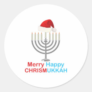 Adesivo Redondo Engraçado Natal Hanukkah Santa Hat Menorah