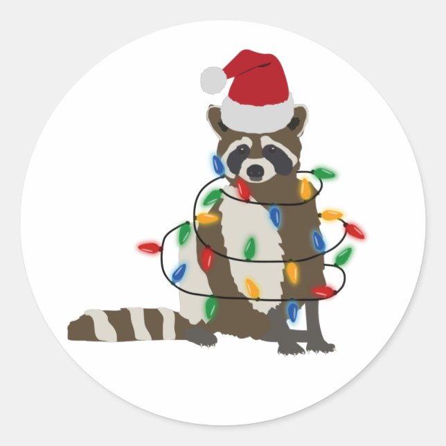 Adesivo Redondo Engraçado Natal Raccoon Santa Hat Luzes de Natal (Frente)