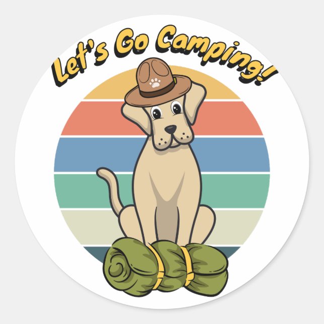 Adesivo Redondo Engraçado, o Grande cão quer ir acampar (Frente)